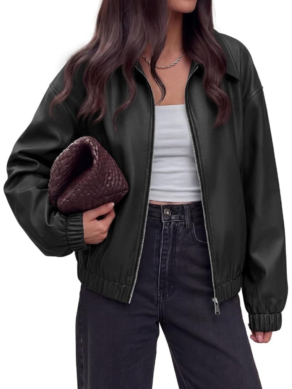 Women's Black Faux Leather Oversized Zip Up Fall Winter Y2k Bomber Jacket
